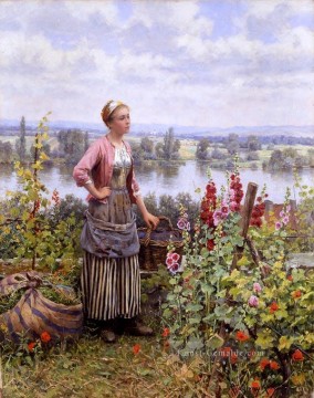 Maria auf der Terrasse mit einem Bündel Gras Landfrau Daniel Ridgway Knight Ölgemälde